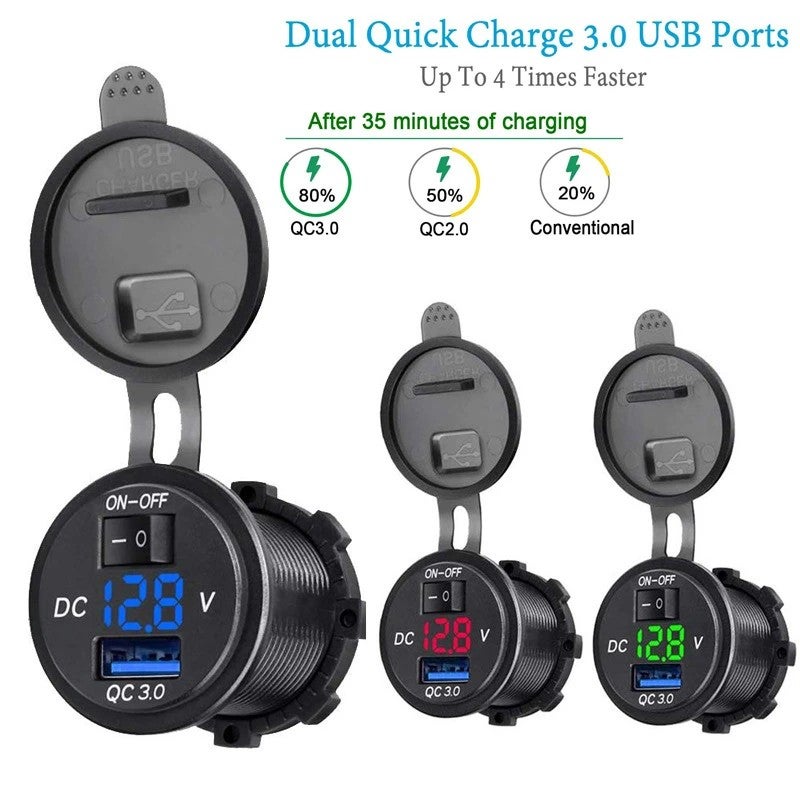 Bluejw Quick Digital Voltmeter 12V/24V USB Car Charger QC3.0 Fast Charger with On/Off Switch & Cigarette Lighter Adapter, Automobile Chargers - Image 4